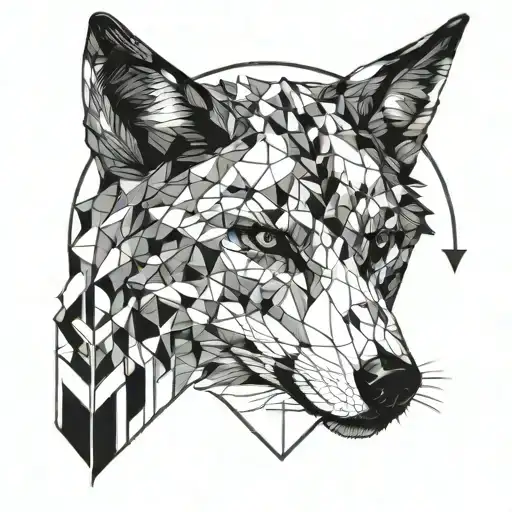 half wolf head that is seperated with an arrow in the middle from bottom to top, on the other side of the head geometric tattoo design idea