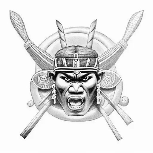 Design a black-grey tattoo depicting a traditional Maori warrior performing a haka on a tropical beach tattoo design idea