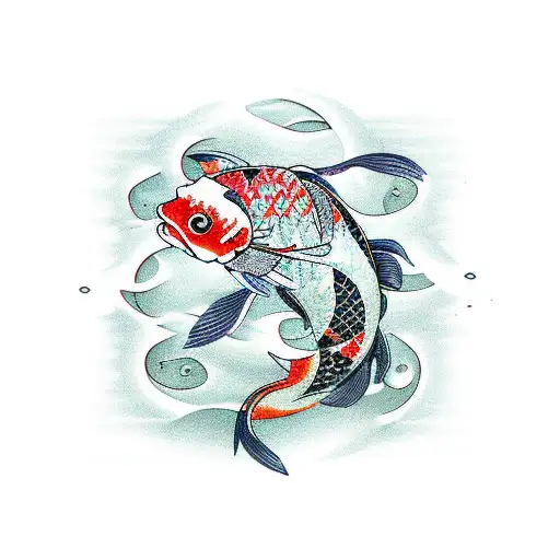 Traditional Japanese koi fish surrounded by Polynesian tribal symbols tattoo design idea