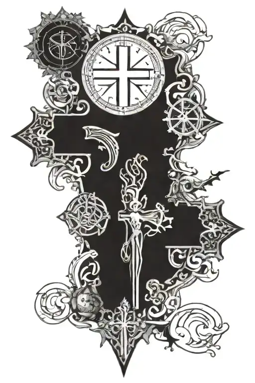 religious cross with depictions of good and evil within cross in sections tattoo design idea