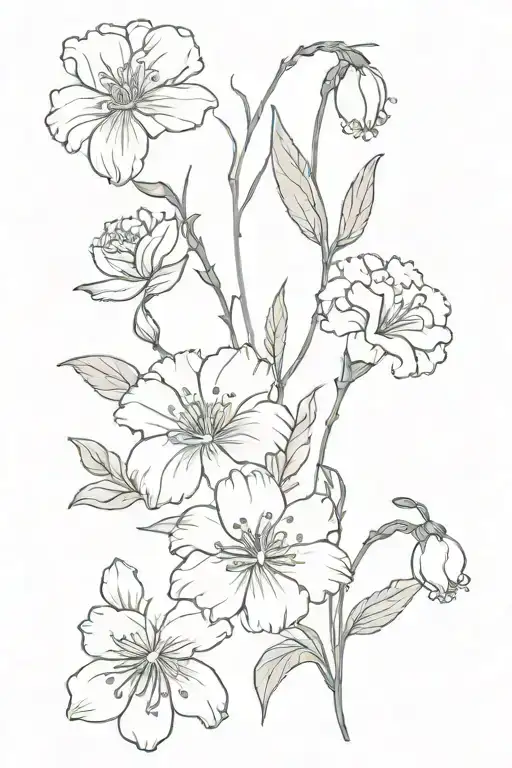 Marigold, lily of the valley and carnation tattoo design idea