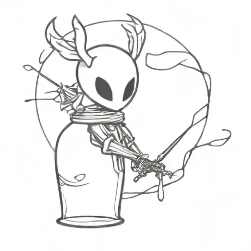 Broken wine glass and Knight comes out of the game Hollow Knight putting a band-aid on the glass tattoo design idea