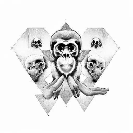 3 monkey skulls the first one with hands on mouth second one with hands on eyes third one hands on ears in a triangle tattoo design idea