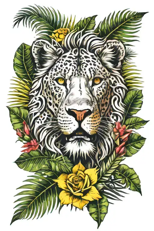 Half a fierce lion face poking through a tropical jungle of palm leaves and plants with yellow roses tattoo design idea