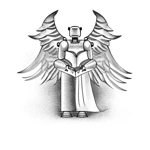 A robot holding a book with angel wings, set against the backdrop of Istanbul's skyline tattoo design idea