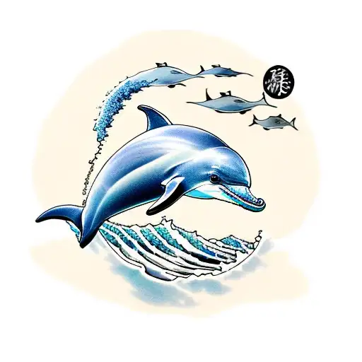 a playful dolphin jumping over with waves tattoo design idea