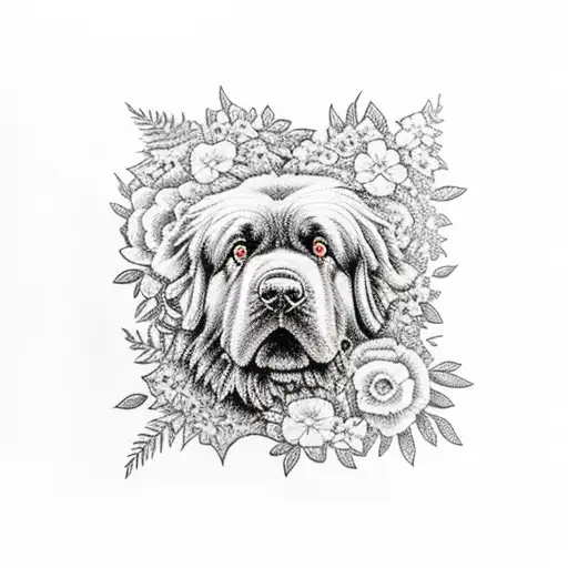 newfoundland dog surrounded by flowers and lace jungle tattoo design idea