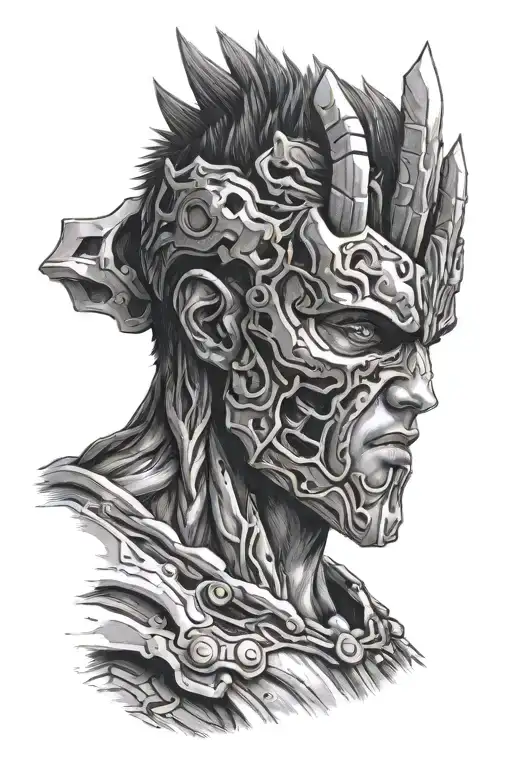 Detailed portrait of Guts from Berserk with a cybernetic arm tattoo design idea