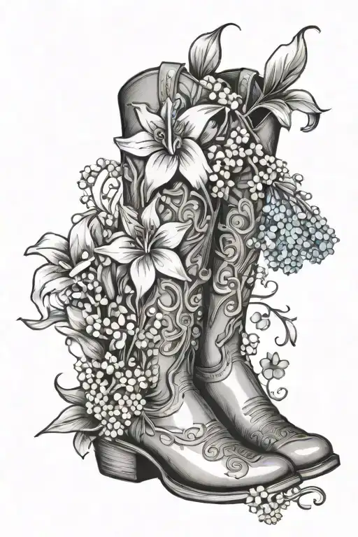 cowboy boot with violet daisey lily of the valley honeysuckle larkspur and aster flowers tattoo design idea