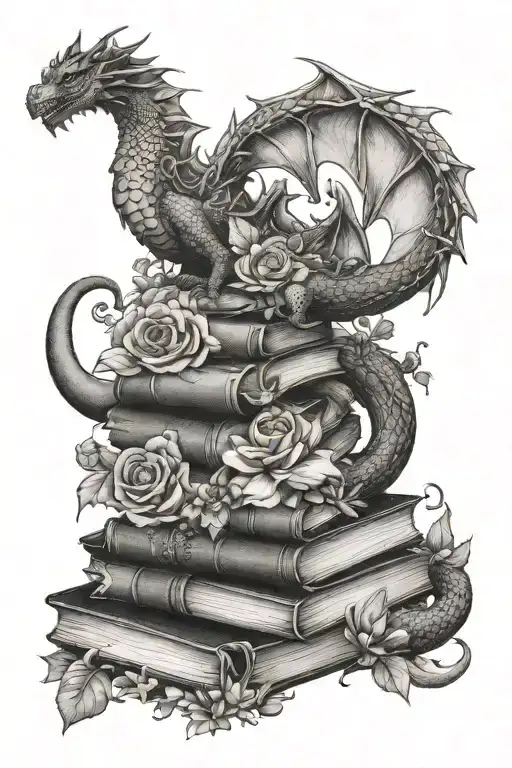 Books, dragons, flowers and crescent moon phases tattoo design idea