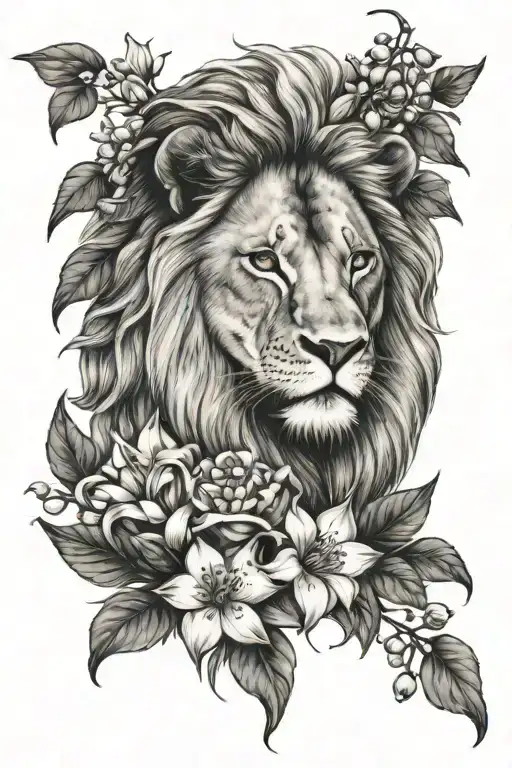 lion with lily of the valley flowers & hawthorne flower tattoo design idea