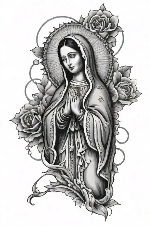 virgin of guadalupe with rosary tattoo design idea