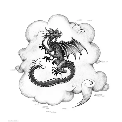 arm sleeve with dragon wrapped around a sword in the clouds tattoo design idea