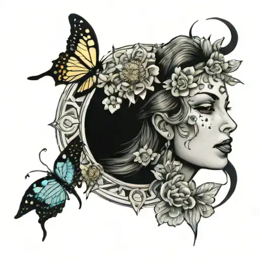 Girl, flower, butterflies, sun, moon surrounded tattoo design idea