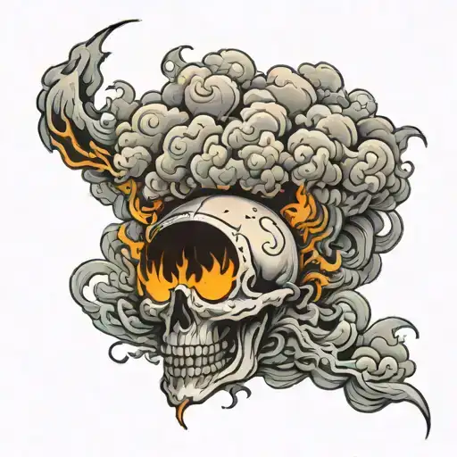777 represented as a fire cloud with lightenings that strike a zone giving birth to 666 tattoo design idea