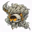777 represented as a fire cloud with lightenings that strike a zone giving birth to 666 tattoo design idea
