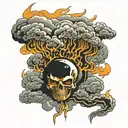 777 represented as a fire cloud with lightenings that strike a zone giving birth to 666 tattoo design idea