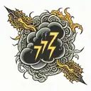 777 represented as a fire cloud with lightenings that strike a zone giving birth to 666 tattoo design idea