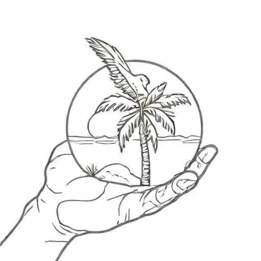 bird, palm tree and sun tattoo design idea