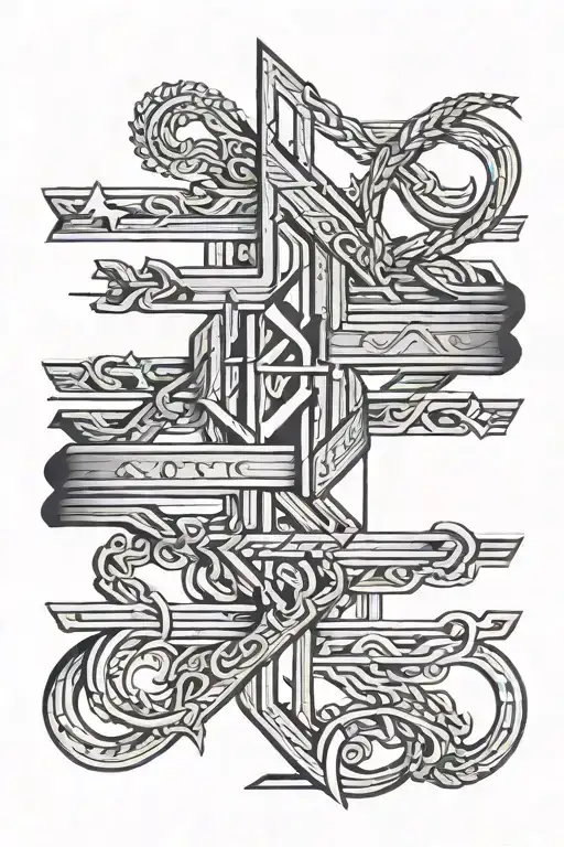 three bent lines, one over the other, nordic symbols built into the lines, with a date sitting underneath one of the lin tattoo design idea