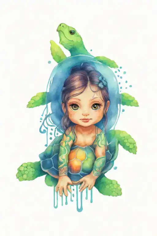 Little Girl Turtle with Braids tattoo design idea