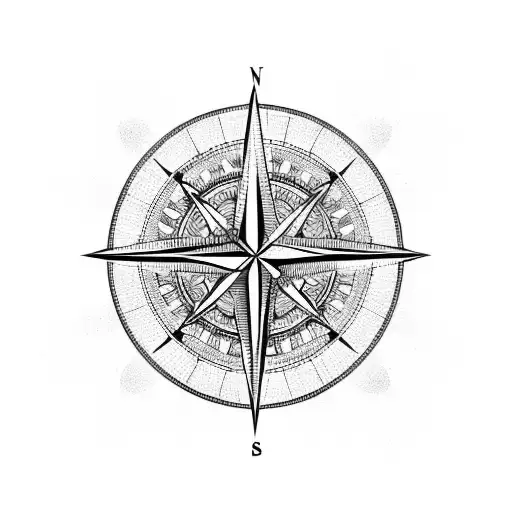 A compass rose surrounded by a tribal pattern tattoo design idea