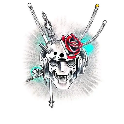 Traditional tattoo design of a cybernetic voodoo mask surrounded by cyberpunk elements tattoo design idea