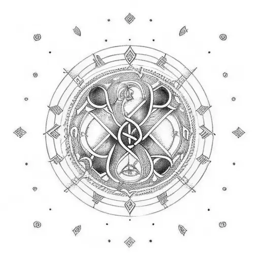 The image features several Nordic axes, iconic symbols of Viking culture, arranged in a circular pattern. There are also tattoo design idea