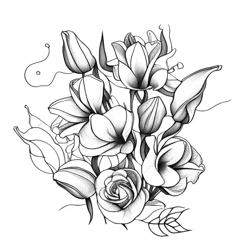minimalist Flower bouquet with 2 roses, 1 tulip, 1 lily, 1 arum, 1 peony and 1 orchid tattoo design idea