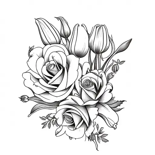 Flower bouquet with 2 roses, 1 tulip, 1 lily, 1 arum, 1 peony and 1 orchid tattoo design idea