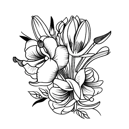 Flower bouquet with 2 roses, 1 tulip, 1 lily, 1 arum, 1 peony and 1 orchid tattoo design idea