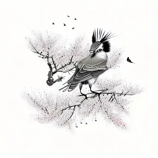 A wild and exotic badminton birdie surrounded by Japanese cherry blossoms tattoo design idea