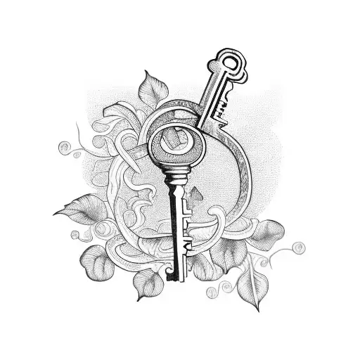 antique key on a 3 strand rope with vine background  tattoo design idea
