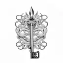 antique key on a 3 strand rope with vine background  tattoo design idea