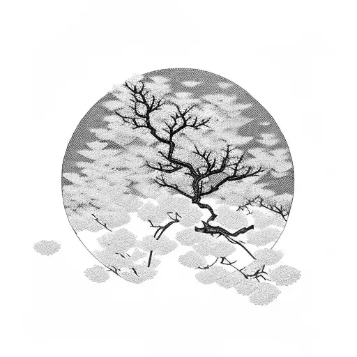 japanese landscape with sakura's flowers tattoo design idea