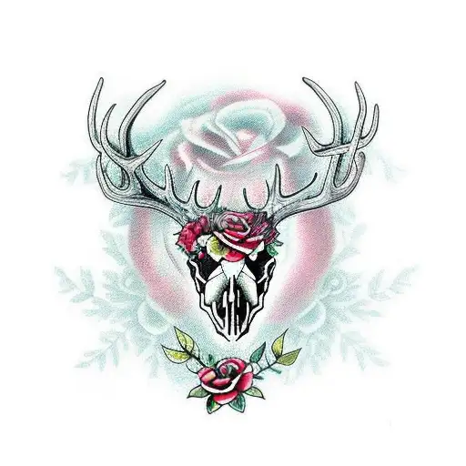 realalistic deer skull with roses rapped around the horns  tattoo design idea