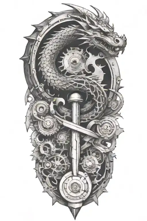 A mechanic's toolset arranged in the shape dragon emerging with a dark empty cercle in the middle  tattoo design idea