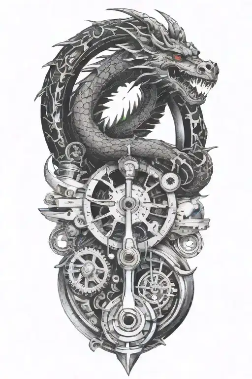 A mechanic's toolset arranged in the shape dragon emerging with a dark cercle in the middle  tattoo design idea