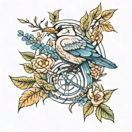 mockingjay bird with flowers and leaves intertwined tattoo design idea