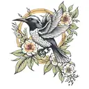 mockingjay bird with flowers and leaves intertwined tattoo design idea