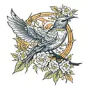 mockingjay bird with flowers and leaves intertwined tattoo design idea