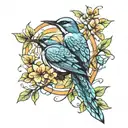 mockingjay bird with flowers and leaves intertwined tattoo design idea