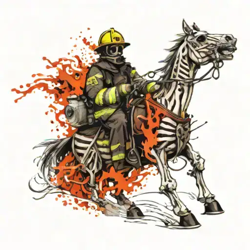 firefighter skeleton old uniform riding horse drawn fire pump tattoo design idea