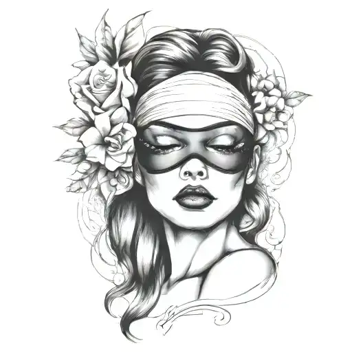 "A forearm tattoo design featuring a central image of a woman's face with a blindfold covering her eyes. The woman’s lip tattoo design idea