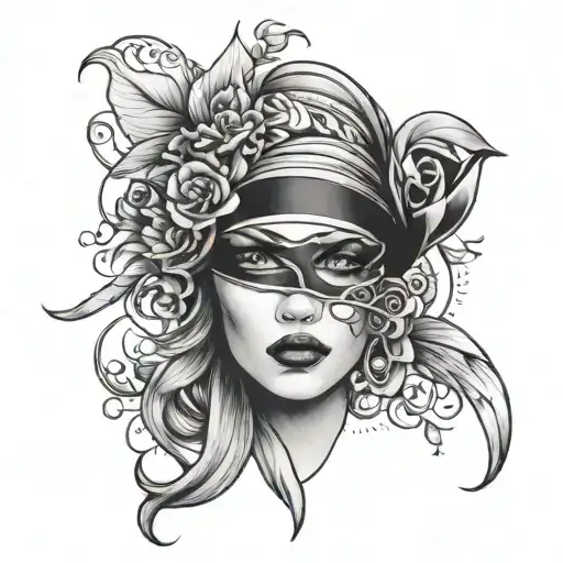 "A forearm tattoo design featuring a central image of a woman's face with a blindfold covering her eyes. The woman’s lip tattoo design idea