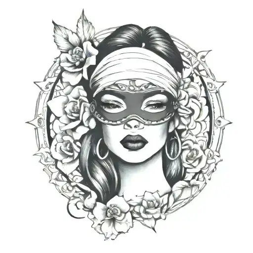 "A forearm tattoo design featuring a central image of a woman's face with a blindfold covering her eyes. The woman’s lip tattoo design idea