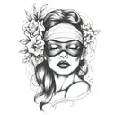"A forearm tattoo design featuring a central image of a woman's face with a blindfold covering her eyes. The woman’s lip tattoo design idea
