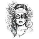 "A forearm tattoo design featuring a central image of a woman's face with a blindfold covering her eyes. The woman’s lip tattoo design idea