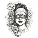 "A forearm tattoo design featuring a central image of a woman's face with a blindfold covering her eyes. The woman’s lip tattoo design idea
