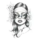 "A forearm tattoo design featuring a central image of a woman's face with a blindfold covering her eyes. The woman’s lip tattoo design idea